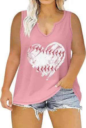 Baseball Heart Printed Womens Tank Tops Plus Size Casual 2025 Summer V Neck Sleeveless T-Shirts Loose Festival Tunic Blouses