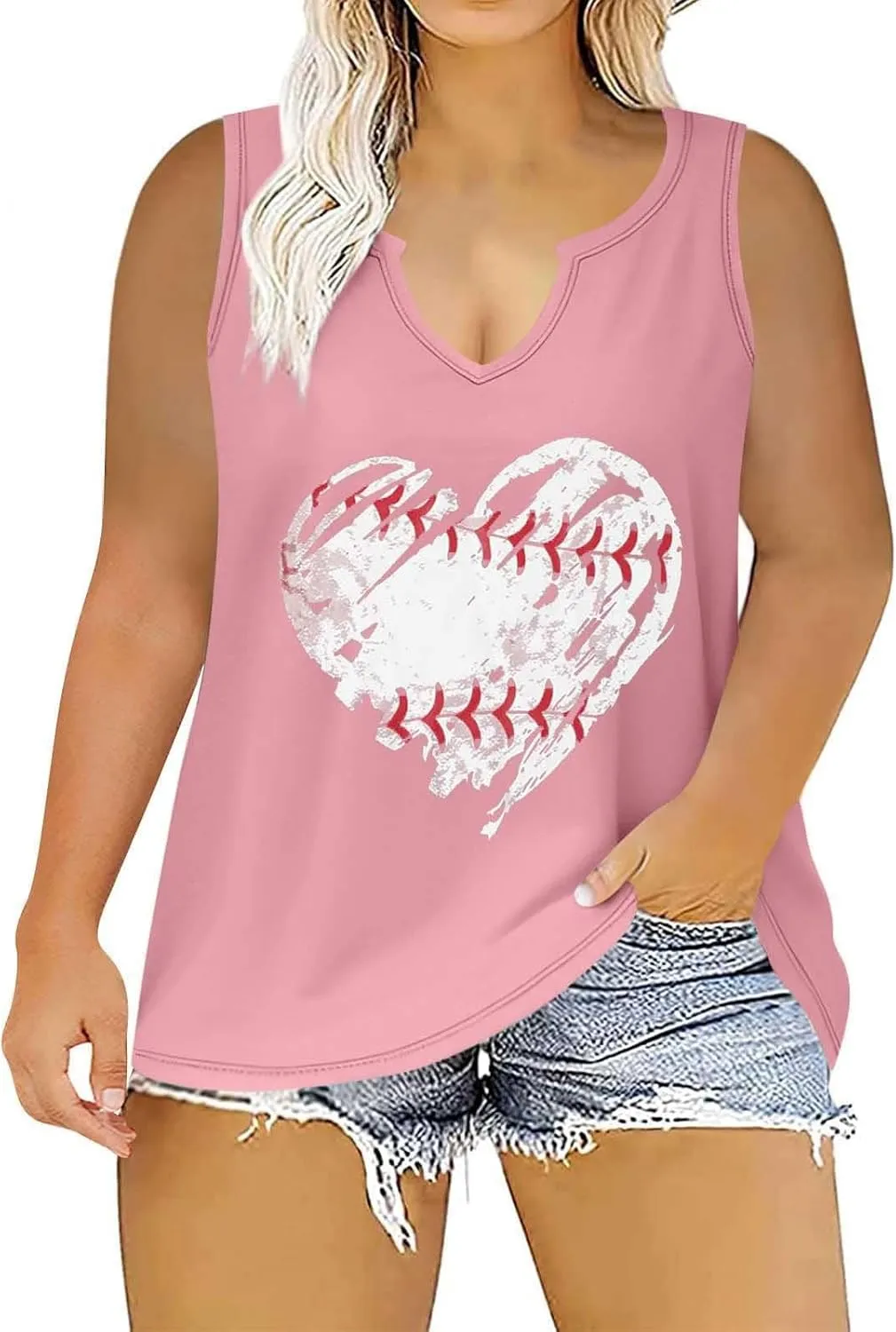 Baseball Heart Printed Womens Tank Tops Plus Size Casual 2025 Summer V Neck Sleeveless T-Shirts Loose Festival Tunic Blouses