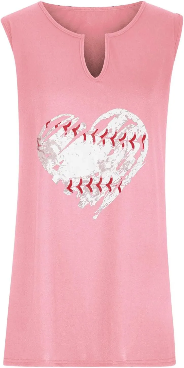 Baseball Heart Printed Womens Tank Tops Plus Size Casual 2025 Summer V Neck Sleeveless T-Shirts Loose Festival Tunic Blouses