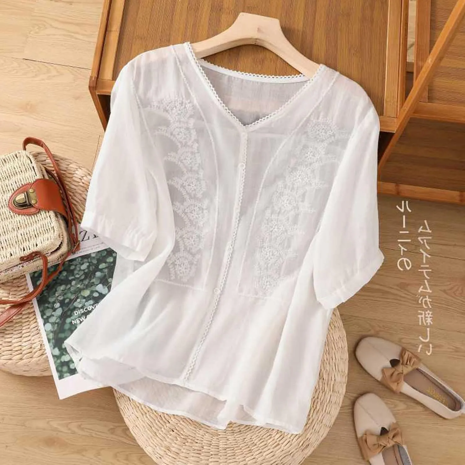 Boho Embroidered Tops for Women Cotton Linen Peasant Blouses Summer Short Sleeve Bohemian Shirts Clothing 2025