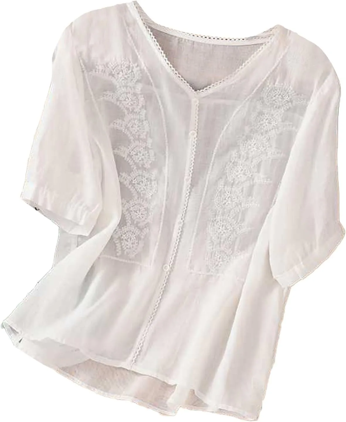 Boho Embroidered Tops for Women Cotton Linen Peasant Blouses Summer Short Sleeve Bohemian Shirts Clothing 2025