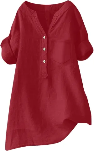Boho Linen Tops for Women 2025 Gauze Short Sleeve V Neck Button Loose Fit Blouses Vacation Dress Casual Tunic Tops