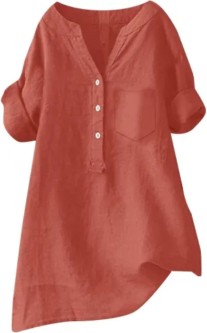 Boho Linen Tops for Women 2025 Gauze Short Sleeve V Neck Button Loose Fit Blouses Vacation Dress Casual Tunic Tops
