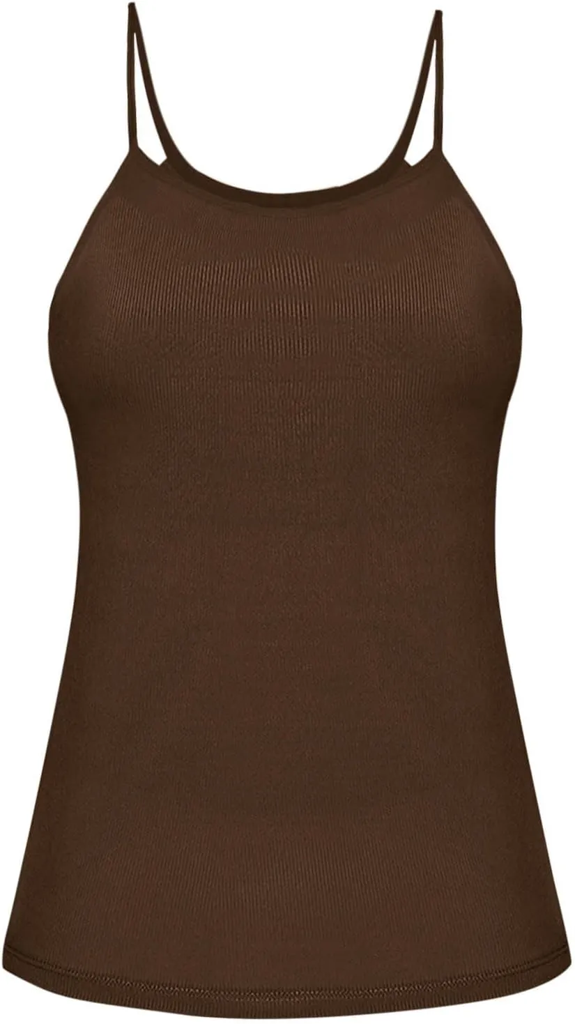 Built in Bra Tank Tops for Women Summer Casual Ribbed Knit Camisole Spaghetti Straps Sleeveless Padded Workout Tops