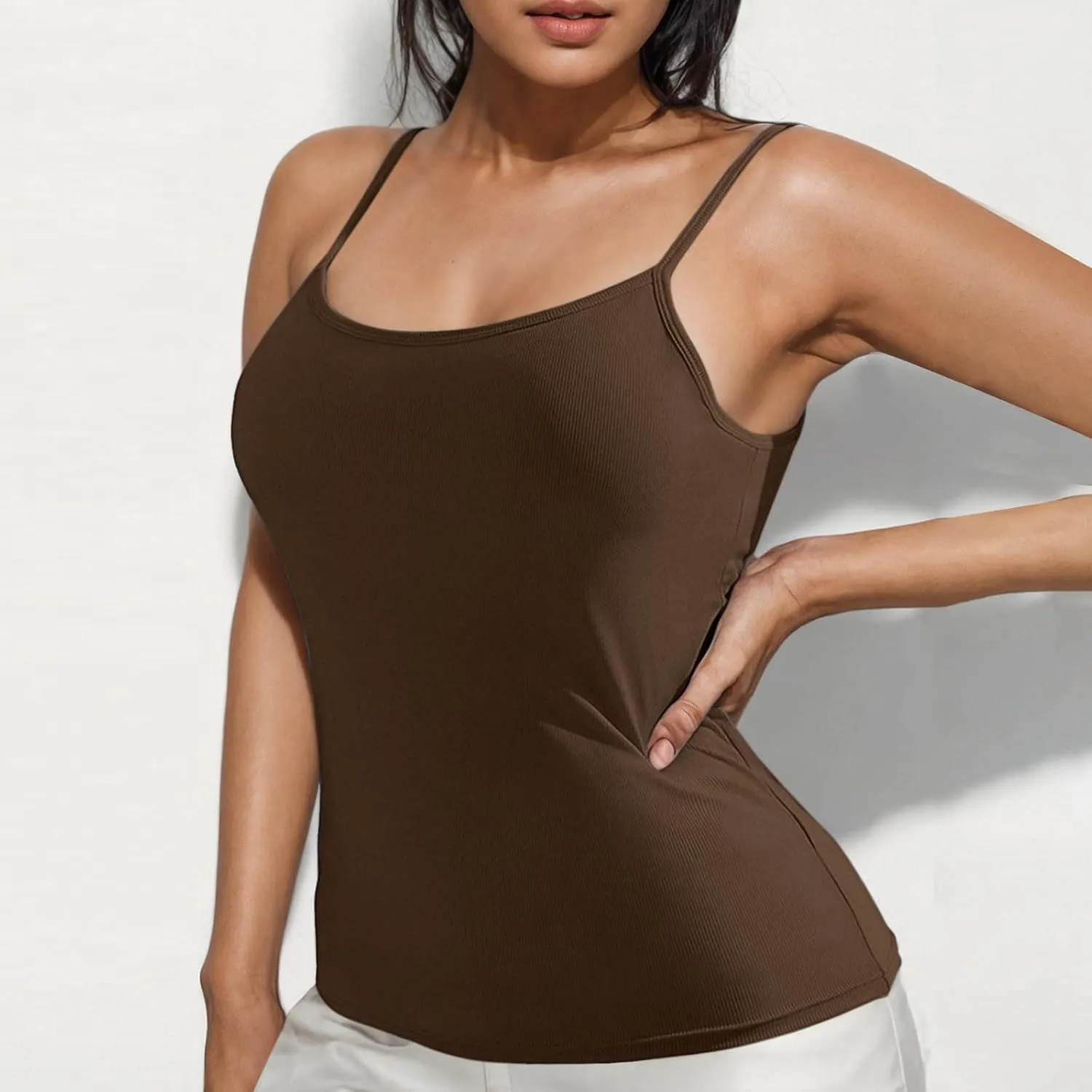 Built in Bra Tank Tops for Women Summer Casual Ribbed Knit Camisole Spaghetti Straps Sleeveless Padded Workout Tops