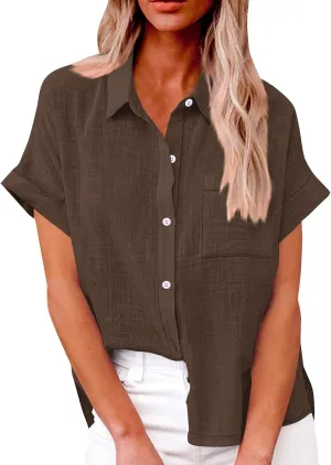 Button Down Shirts for Women Cotton Line Short Sleeve Tops Casual Collared Summer Shirts Fashion Solid Blouses Dressy
