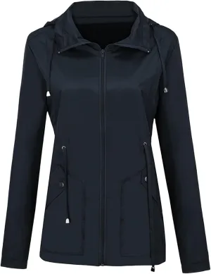 Canbebig Women Lightweight Waterproof Rain Jacket Hooded Drawstring Raincoats Active Outdoor Travel Hiking Windbreaker Pocket