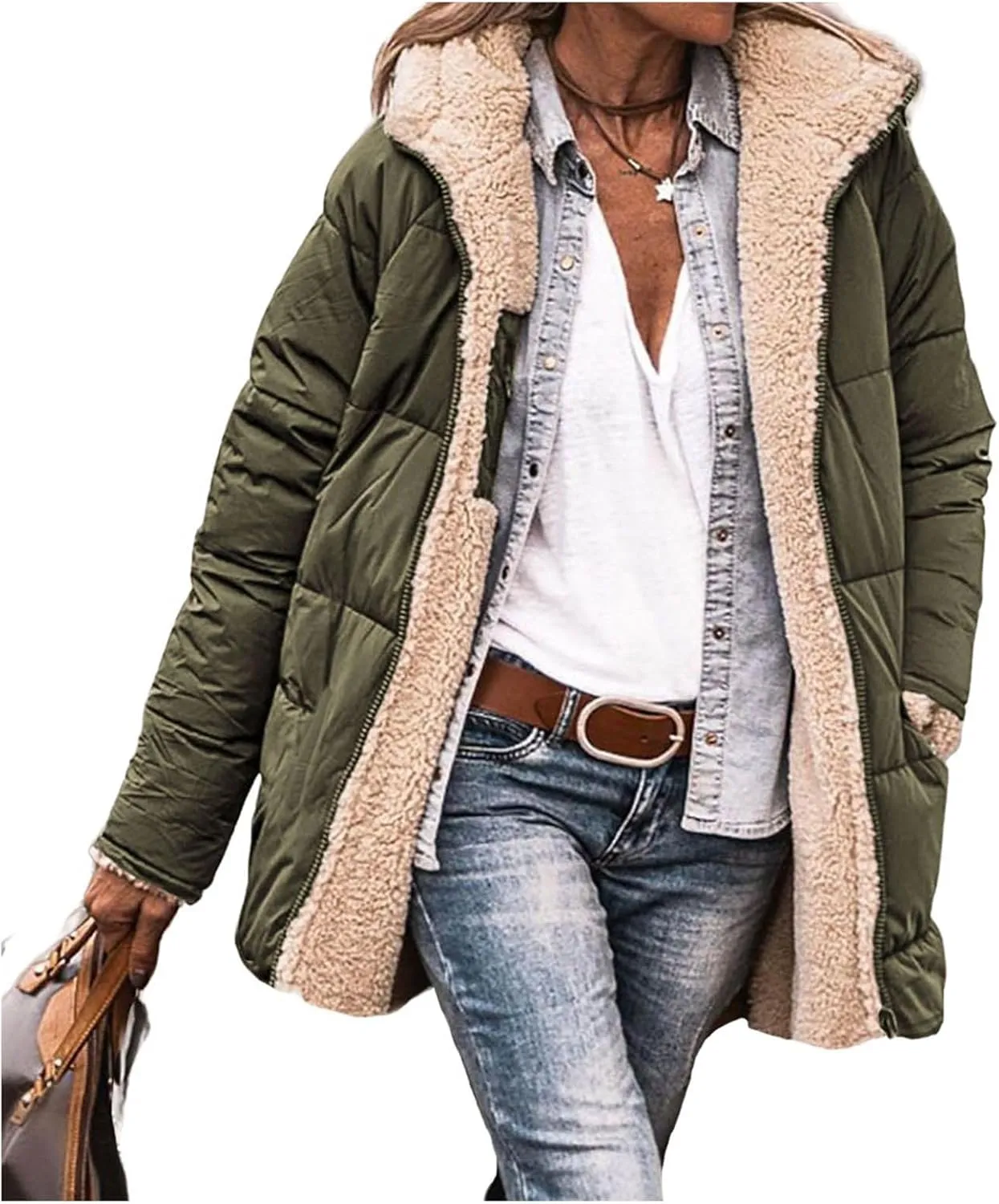 Canbebig Women's Quilted Winter Coats Hooded Fleece Jacket Warm Reversible Sherpa-Lined Jackets Full Zip Puffer Hoodies Coat