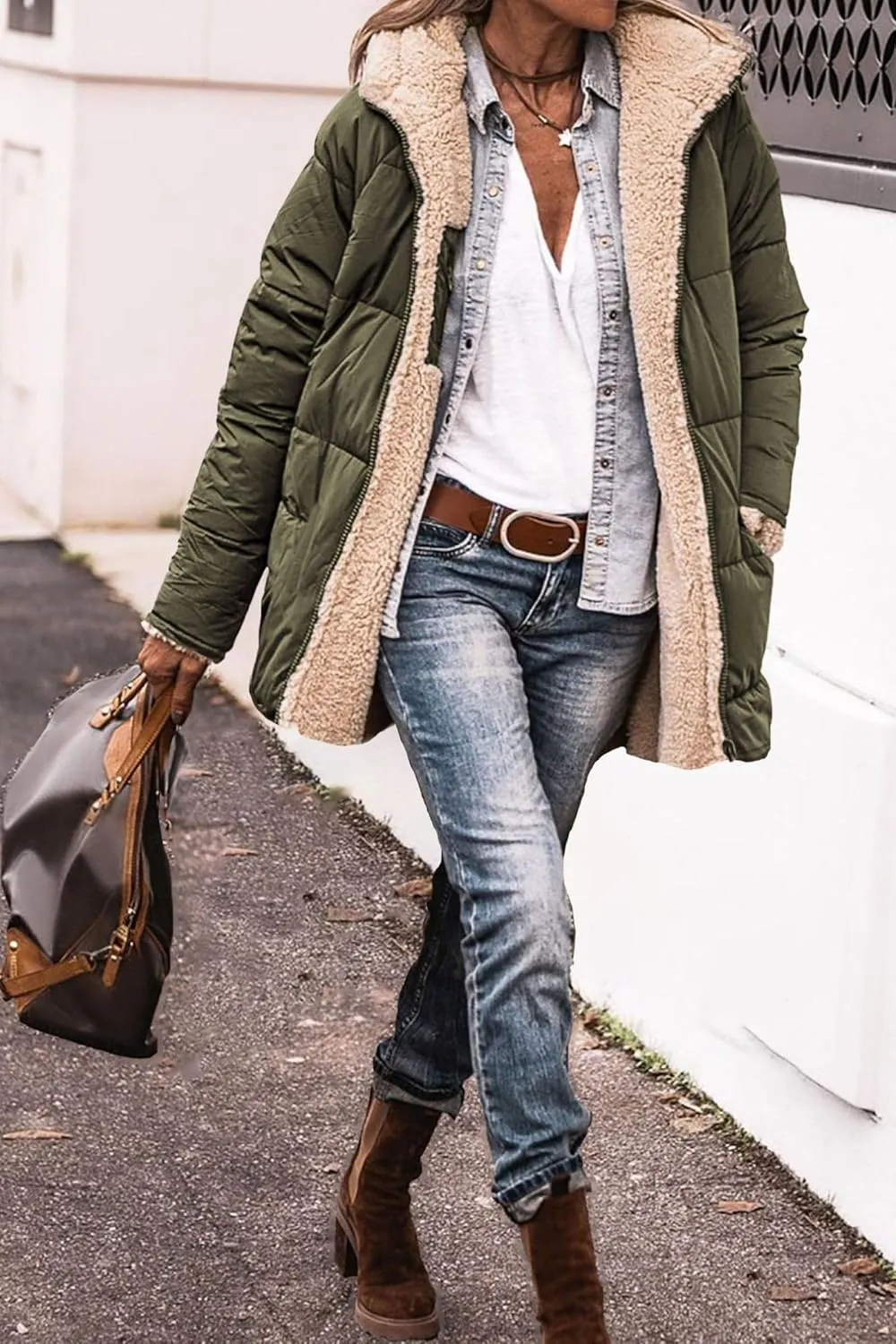 Canbebig Women's Quilted Winter Coats Hooded Fleece Jacket Warm Reversible Sherpa-Lined Jackets Full Zip Puffer Hoodies Coat