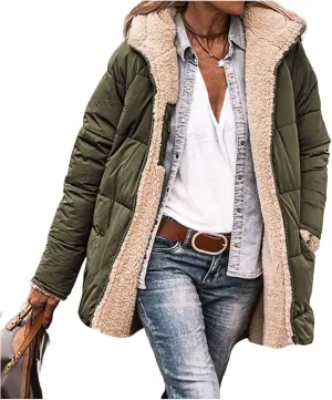 Canbebig Women's Quilted Winter Coats Hooded Fleece Jacket Warm Reversible Sherpa-Lined Jackets Full Zip Puffer Hoodies Coat