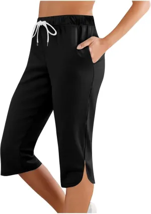 Capri Pants for Women Casual Summer Drawstring Shorts Elastic High Waist Casual Short Straight Leg Cropped Trouser