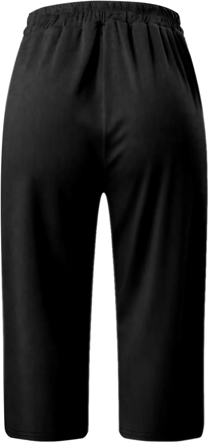 Capri Pants for Women Casual Summer Drawstring Shorts Elastic High Waist Casual Short Straight Leg Cropped Trouser