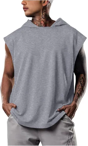 Casual Men Workout Tank Tops Cap Sleeve Hoody Shirts Muscle Fit Pullover Basic Shirt Running Active Solid Tees