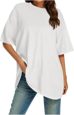 Casual T Shirts for Women Oversized Solid Short Sleeve Tees Plus Size Crew Neck Drop Shoulder Summer Basic Daily Tops