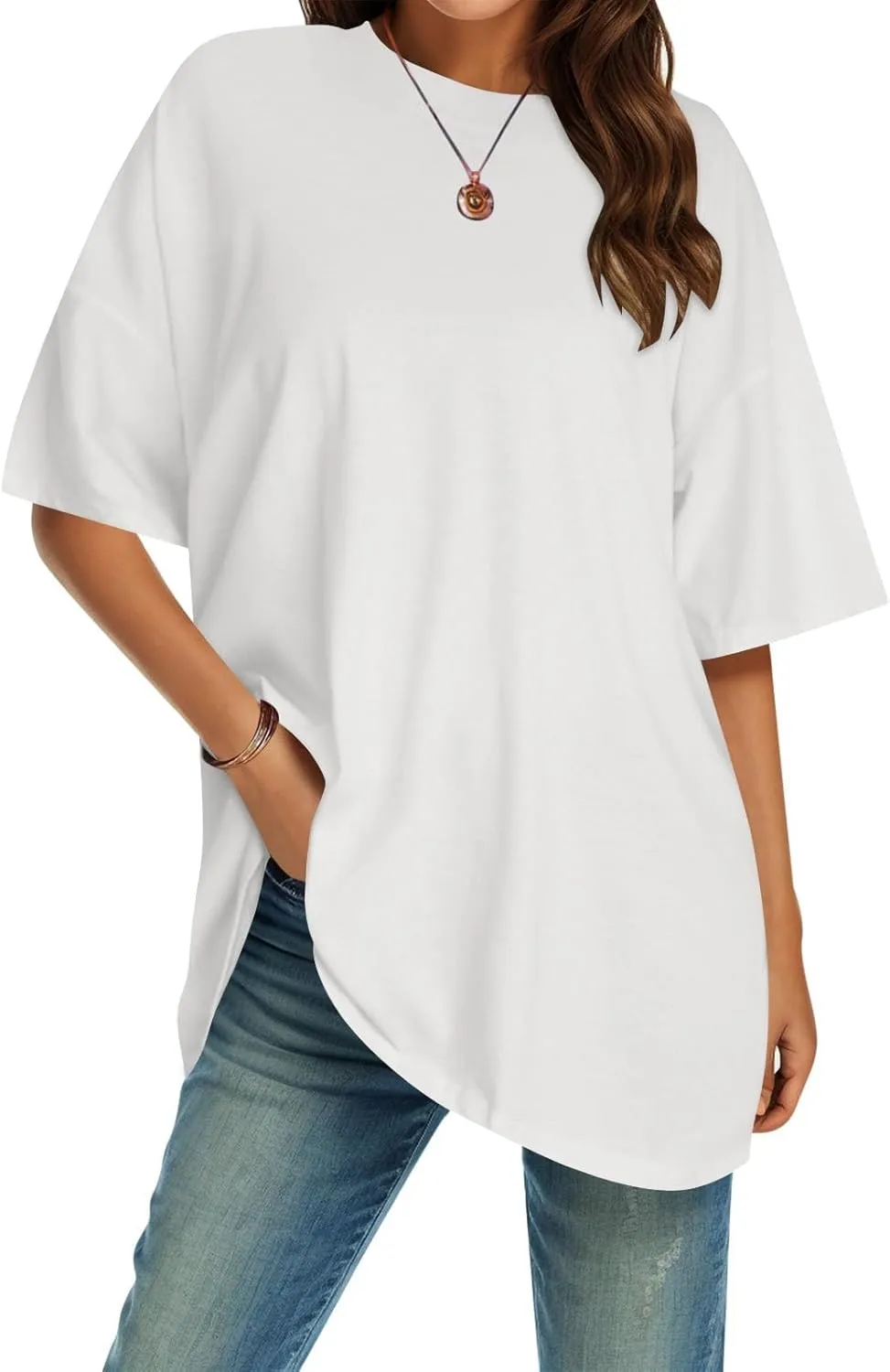 Casual T Shirts for Women Oversized Solid Short Sleeve Tees Plus Size Crew Neck Drop Shoulder Summer Basic Daily Tops