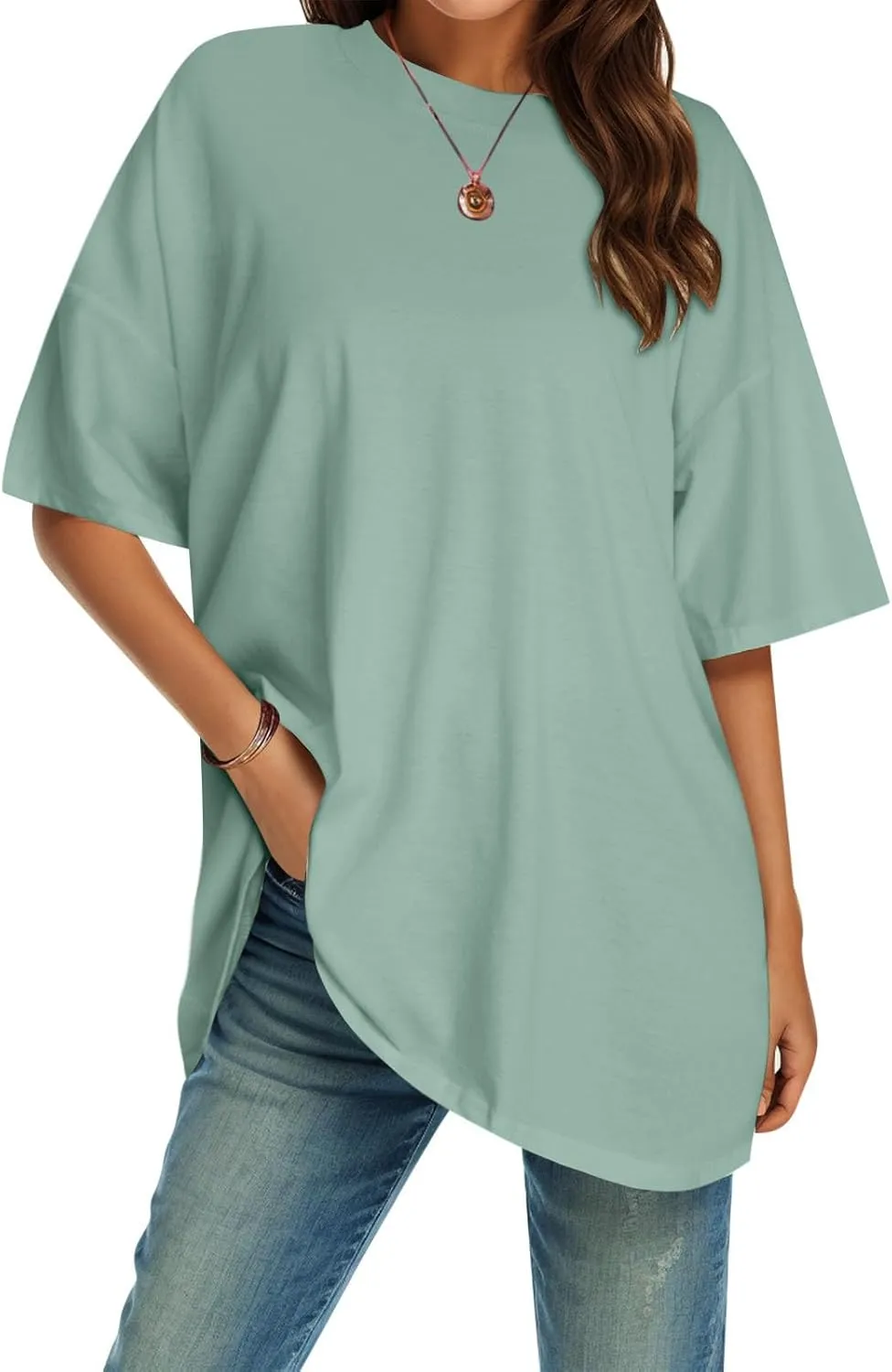 Casual T Shirts for Women Oversized Solid Short Sleeve Tees Plus Size Crew Neck Drop Shoulder Summer Basic Daily Tops