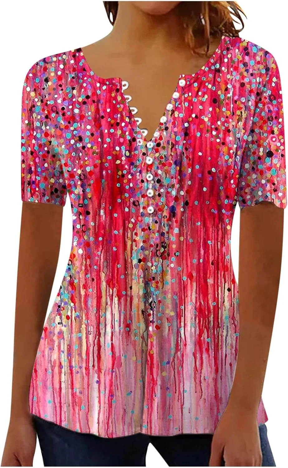 Ceboyel Loose Fitting Tops for Women 2023 Button Down Henley Blouse Floral Short Sleeve Tunic Shirt Dressy Ladies Clothing