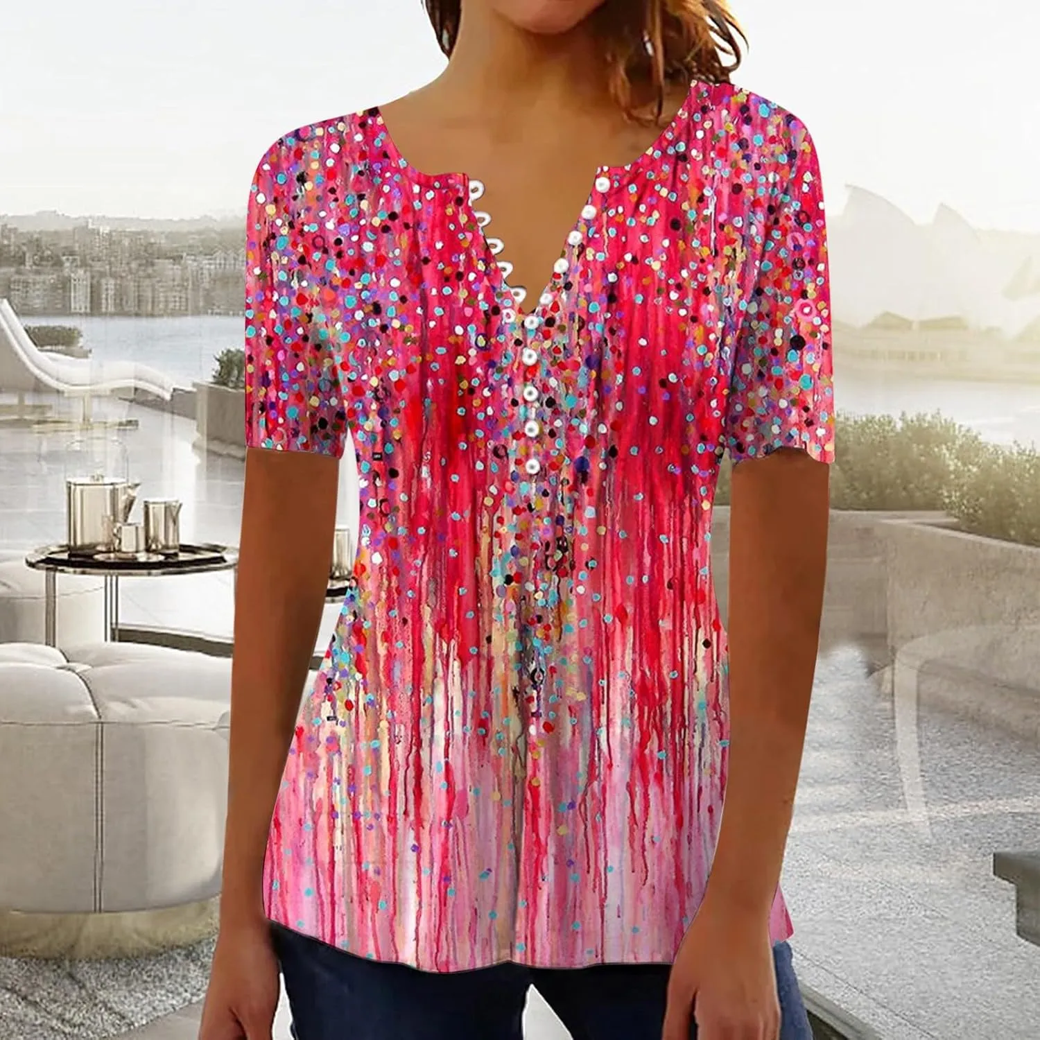 Ceboyel Loose Fitting Tops for Women 2023 Button Down Henley Blouse Floral Short Sleeve Tunic Shirt Dressy Ladies Clothing