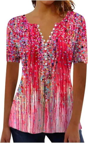 Ceboyel Loose Fitting Tops for Women 2023 Button Down Henley Blouse Floral Short Sleeve Tunic Shirt Dressy Ladies Clothing
