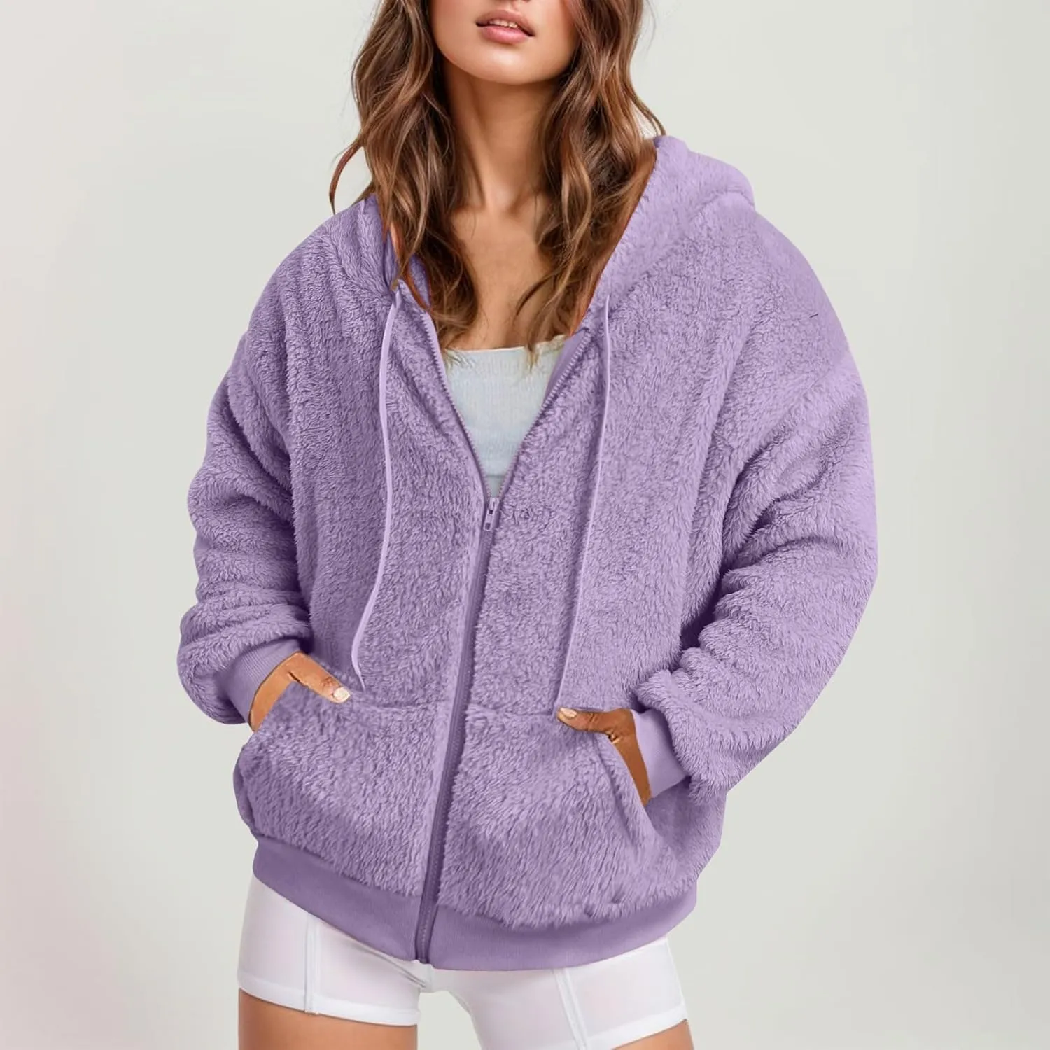 Ceboyel Women Fuzzy Fleece Jacket Faux Shearling Oversized Hoodie Coats Full Zip Up Hooded Teddy Coat Trendy Winter Outwear