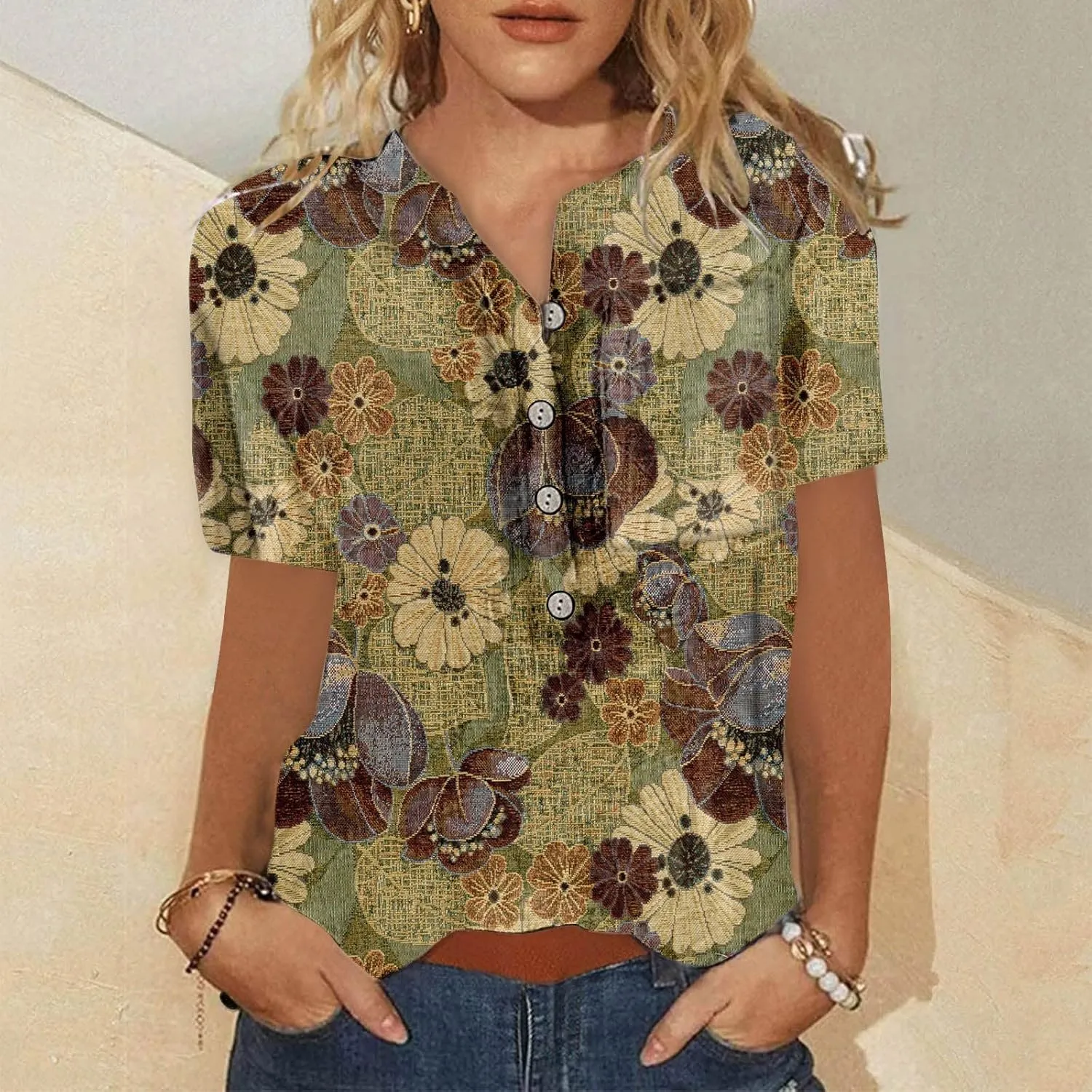 Ceboyel Womens Butterfly Print Spring Shirts Short Sleeve Casual Tunic Tops Dressy V-Neck Tshirts Blouse Vacation Outfit 2023