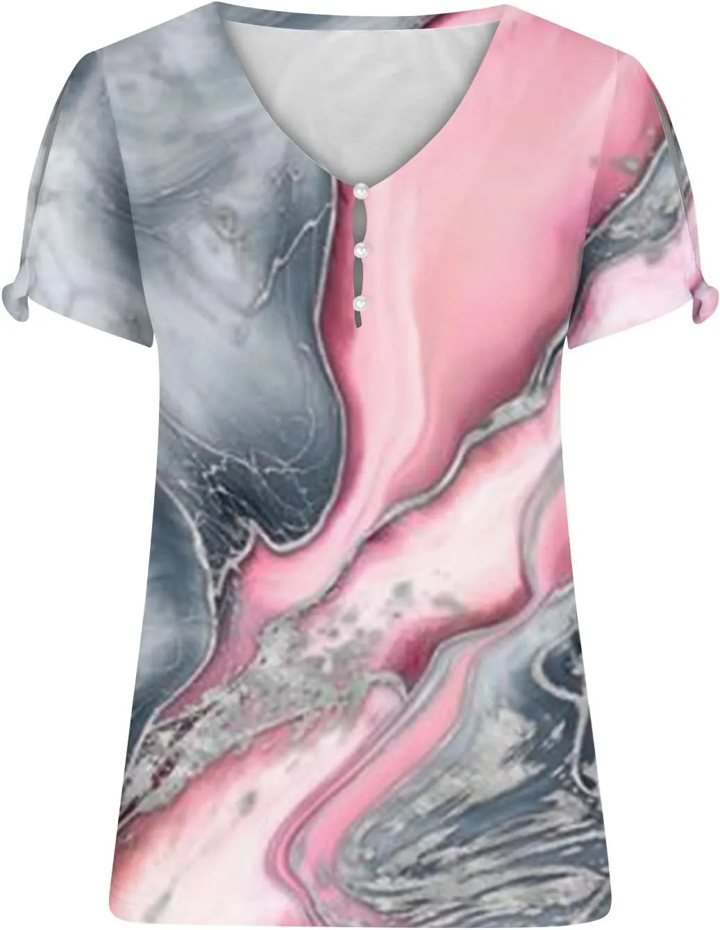 Ceboyel Womens Marble Print Casual T-Shirt Hollow Short Sleeve Blouses Tshirts V Neck Summer Tee Tops Cute Fashion Clothing