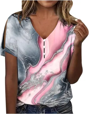 Ceboyel Womens Marble Print Casual T-Shirt Hollow Short Sleeve Blouses Tshirts V Neck Summer Tee Tops Cute Fashion Clothing