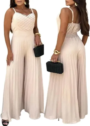 CHICME Women’s Jumpsuit Wide Leg Pleated Pants Summer Overalls Holiday Jumpsuits Long Pants