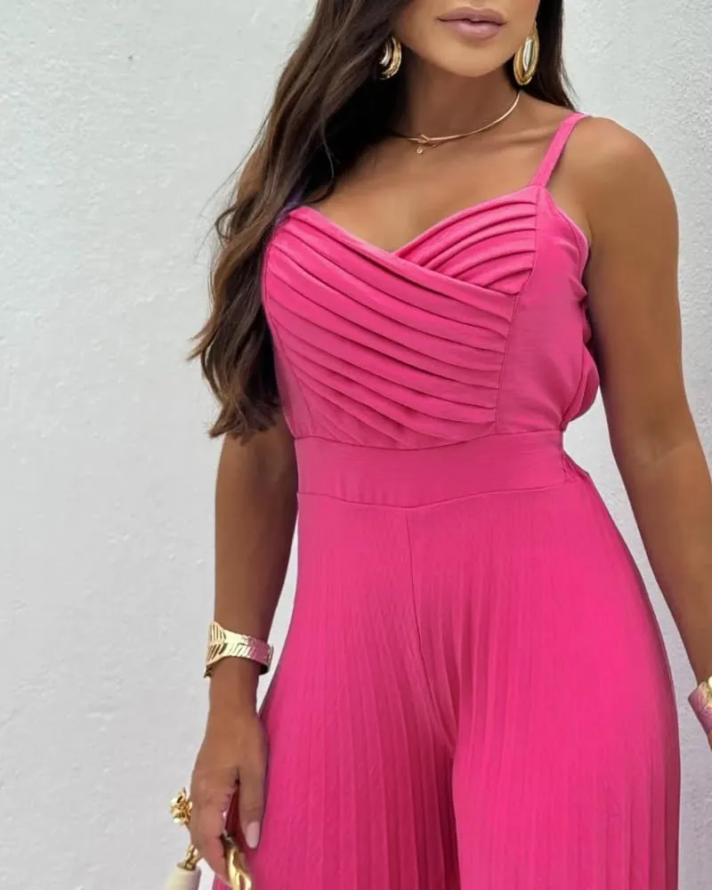 CHICME Women’s Jumpsuit Wide Leg Pleated Pants Summer Overalls Holiday Jumpsuits Long Pants