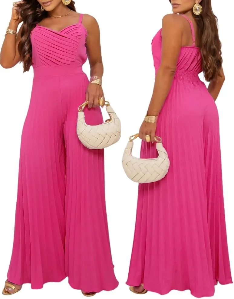 CHICME Women’s Jumpsuit Wide Leg Pleated Pants Summer Overalls Holiday Jumpsuits Long Pants