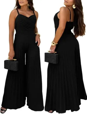 CHICME Women’s Jumpsuit Wide Leg Pleated Pants Summer Overalls Holiday Jumpsuits Long Pants