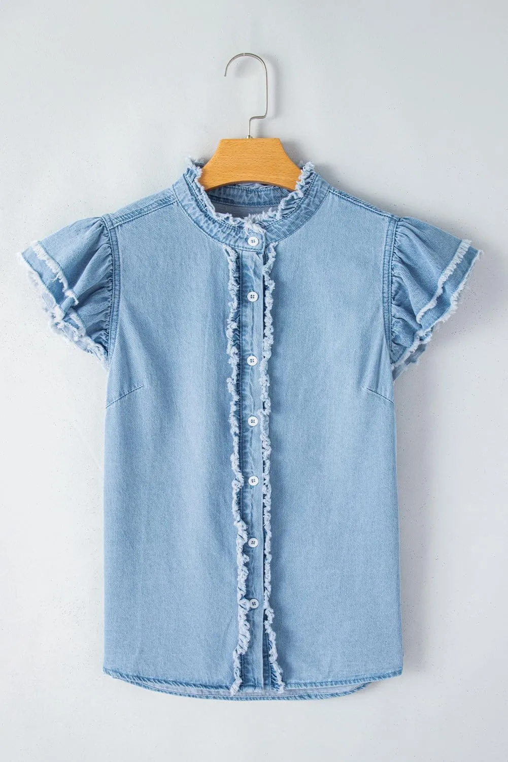 Chvity Summer Women's Button Down Denim Tops Ruffled Flutter Sleeve Blouse V Neck Casual Shirt Tops