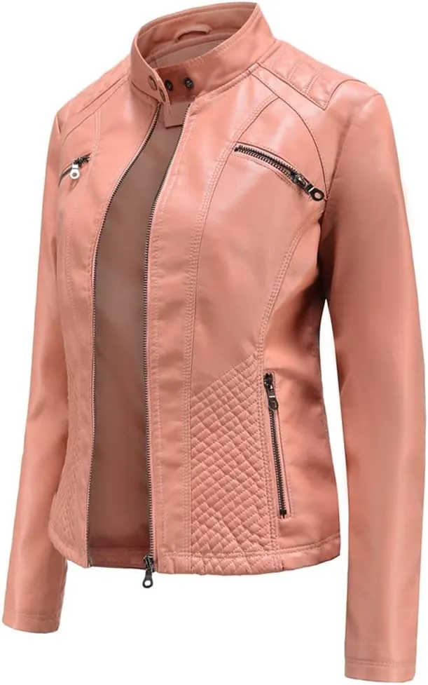 Classic Spring Autumn Women Faux Leather Jacket Stand Collar Zipper Moto Biker PU Coat Black Slim Outwear