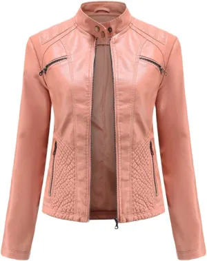 Classic Spring Autumn Women Faux Leather Jacket Stand Collar Zipper Moto Biker PU Coat Black Slim Outwear