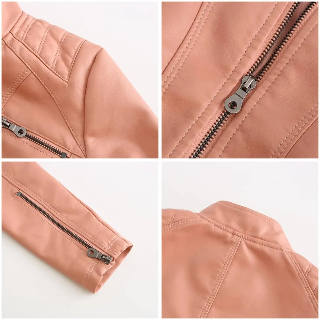 Classic Spring Autumn Women Faux Leather Jacket Stand Collar Zipper Moto Biker PU Coat Black Slim Outwear