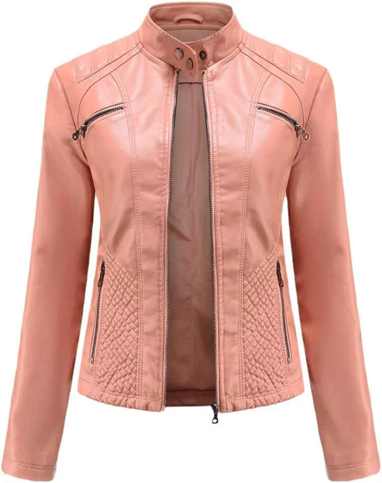 Classic Spring Autumn Women Faux Leather Jacket Stand Collar Zipper Moto Biker PU Coat Black Slim Outwear