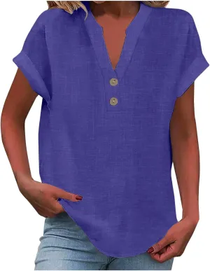 Cotton Linen Shirt for Women 2025 Trendy Short Sleeve Summer Blouse Button Down V Neck Tops Casual Vacation Tee Shirts