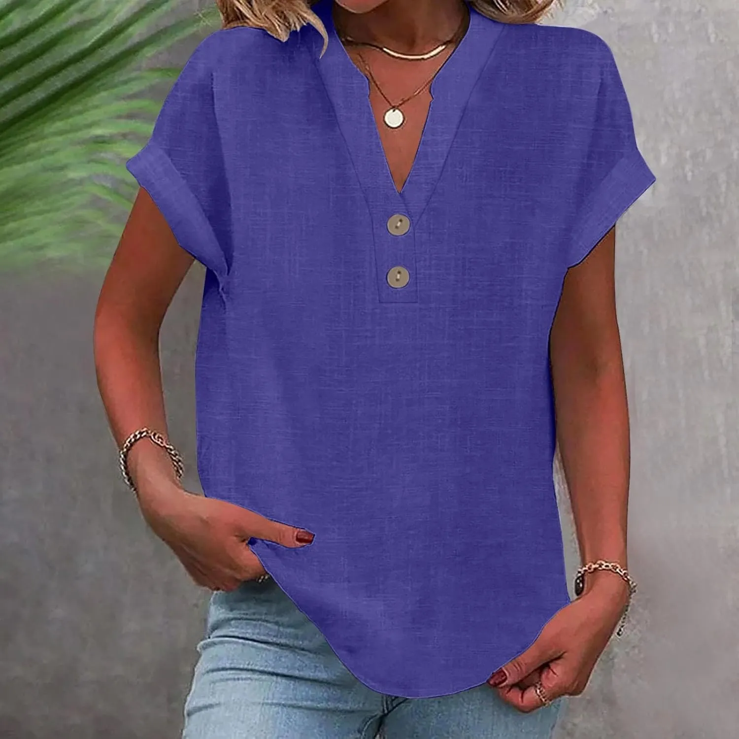 Cotton Linen Shirt for Women 2025 Trendy Short Sleeve Summer Blouse Button Down V Neck Tops Casual Vacation Tee Shirts