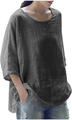 Cotton Linen Shirts for Women Solid Color 3/4 Sleeve Tops Summer Casual Round Neck Blouses 2025 Ladies Tunic Tshirt