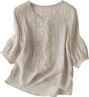 Cotton Linen Shirts for Women Summer Oversized Vintage Embroidery 3/4 Sleeve Short Sleeve Casual Trendy Tops Blouses