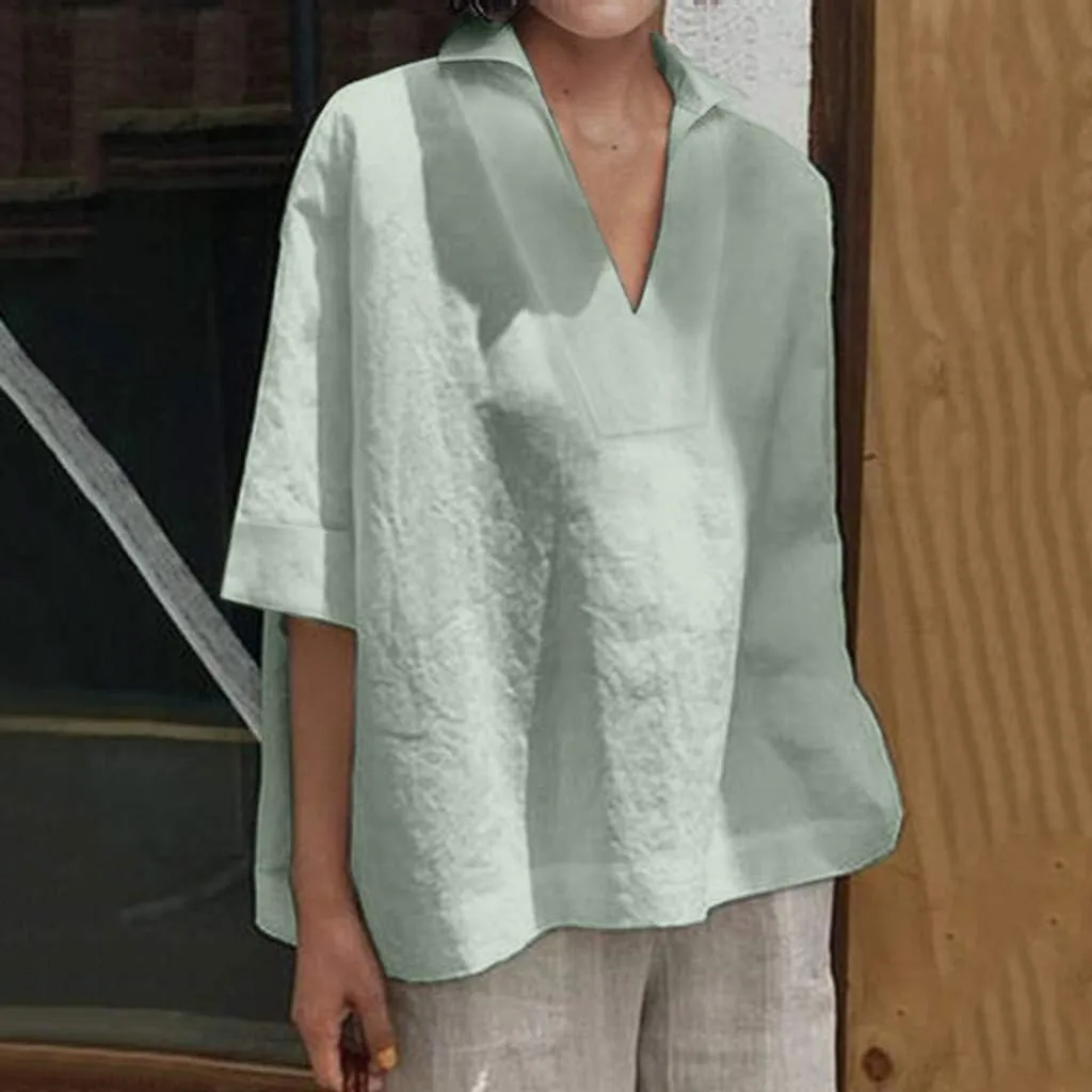 Cotton Linen T Shirts for Women Casual Tops Summer 2023 Flowy Blouses Shirt 3/4 Bell Sleeve Loose Comfy Blouses