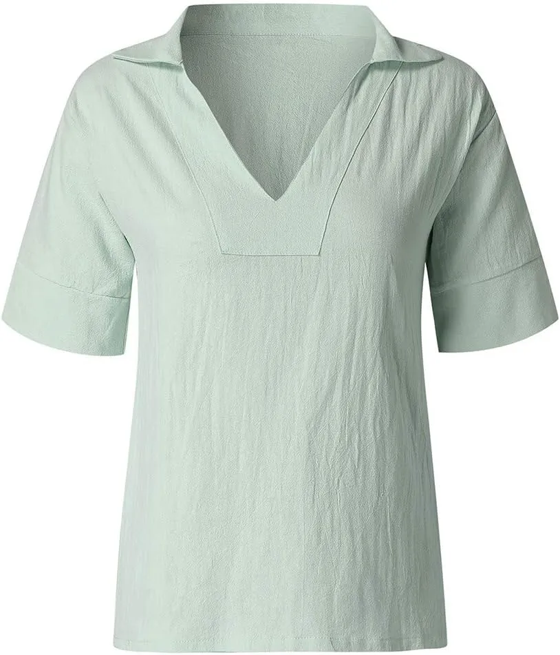 Cotton Linen T Shirts for Women Casual Tops Summer 2023 Flowy Blouses Shirt 3/4 Bell Sleeve Loose Comfy Blouses