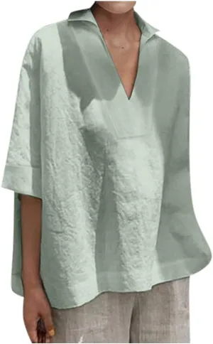 Cotton Linen T Shirts for Women Casual Tops Summer 2023 Flowy Blouses Shirt 3/4 Bell Sleeve Loose Comfy Blouses