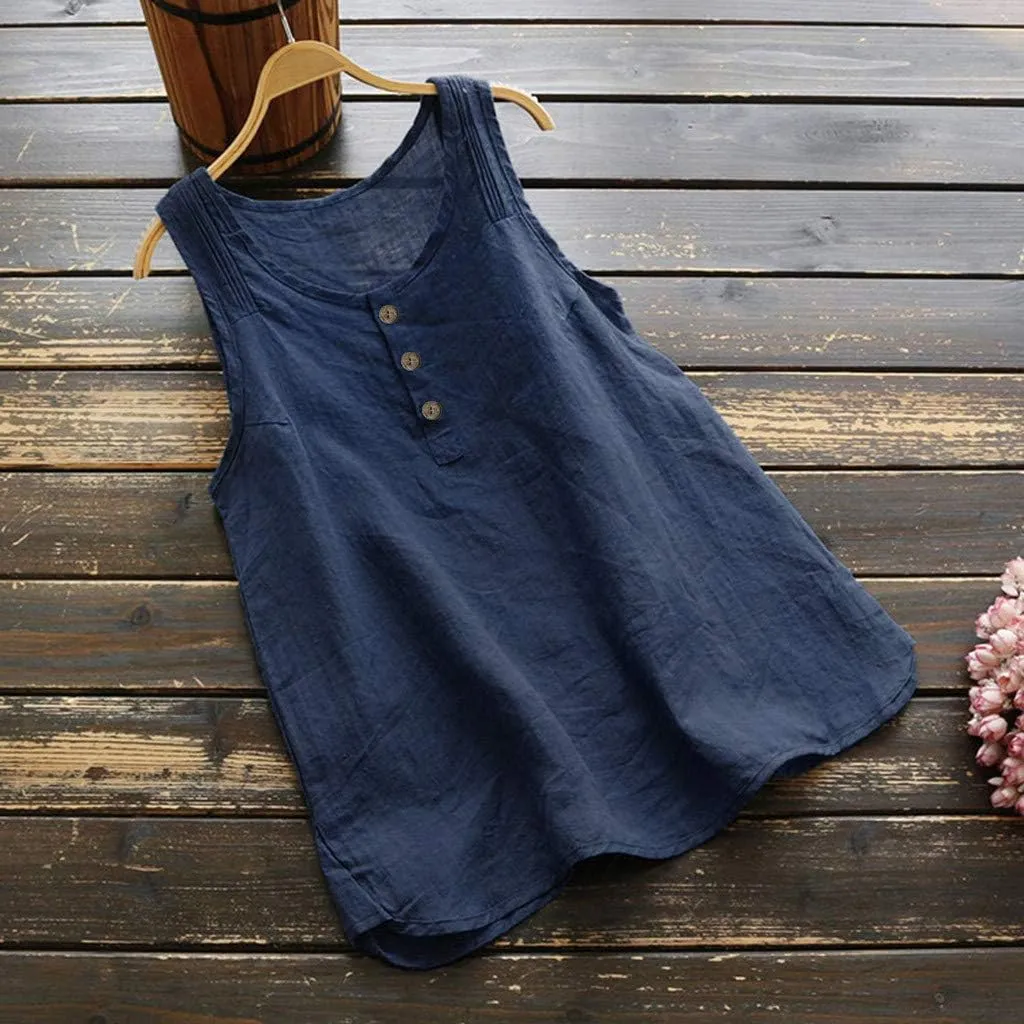Cotton Linen Tank Tops for Women Scoop Neck Button Down Summer Basic Casual Sleeveless Loose Fit T-Shirt