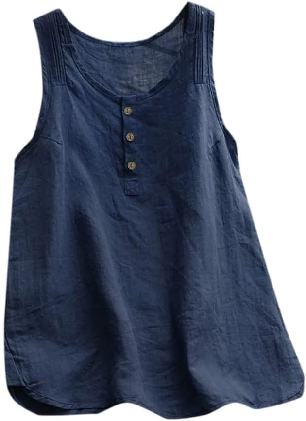 Cotton Linen Tank Tops for Women Scoop Neck Button Down Summer Basic Casual Sleeveless Loose Fit T-Shirt