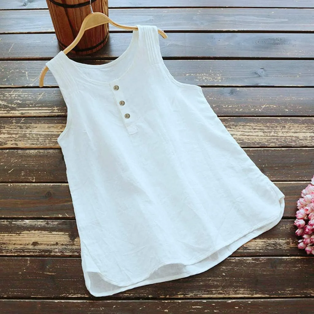 Cotton Linen Tank Tops for Women Scoop Neck Button Down Summer Basic Casual Sleeveless Loose Fit T-Shirt