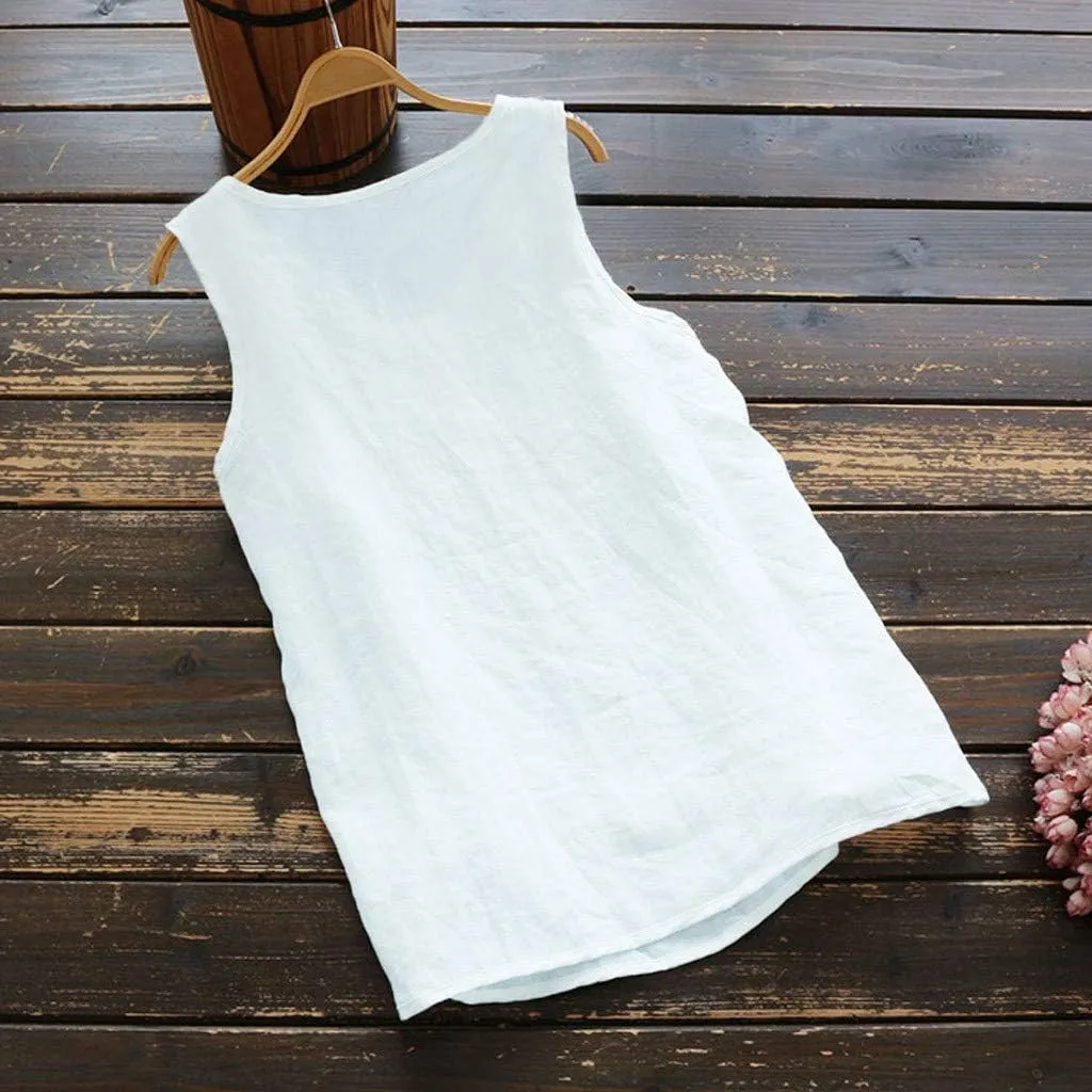Cotton Linen Tank Tops for Women Scoop Neck Button Down Summer Basic Casual Sleeveless Loose Fit T-Shirt