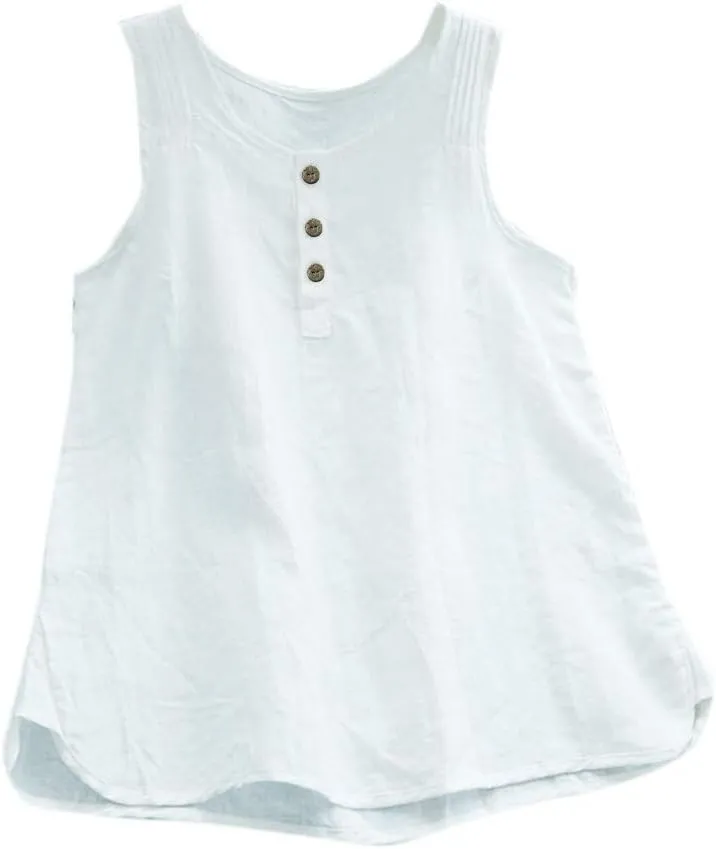 Cotton Linen Tank Tops for Women Scoop Neck Button Down Summer Basic Casual Sleeveless Loose Fit T-Shirt