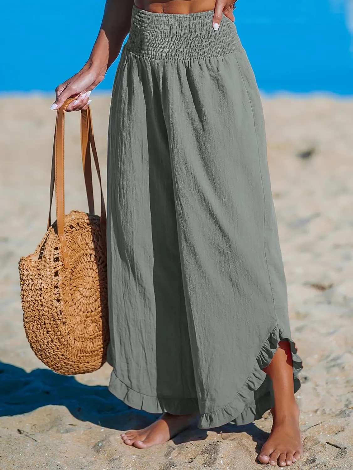 CUPSHE Women Pants Smocked Waist Straight Leg Ruffle Cuffs Loose Fit Pant Casual Beach