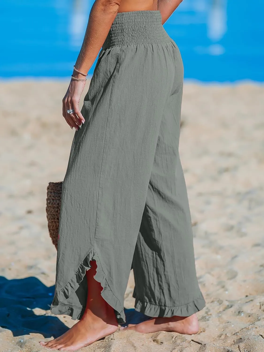 CUPSHE Women Pants Smocked Waist Straight Leg Ruffle Cuffs Loose Fit Pant Casual Beach